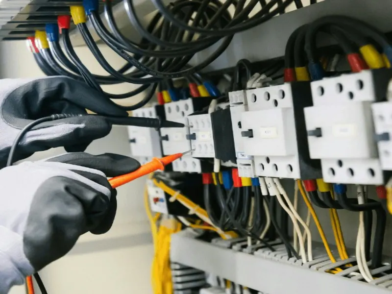 Mani di un elettricista al lavoro dentro un quadro elettrico