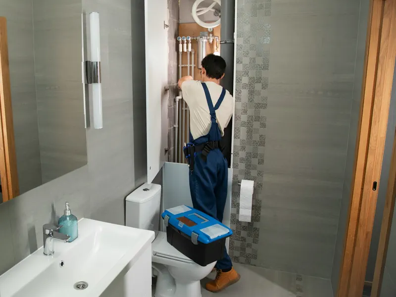 Idraulico al lavoro sui tubi in un bagno